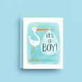 Greeting card with stork holding an egg labeled 'it's a boy!' on a light blue background