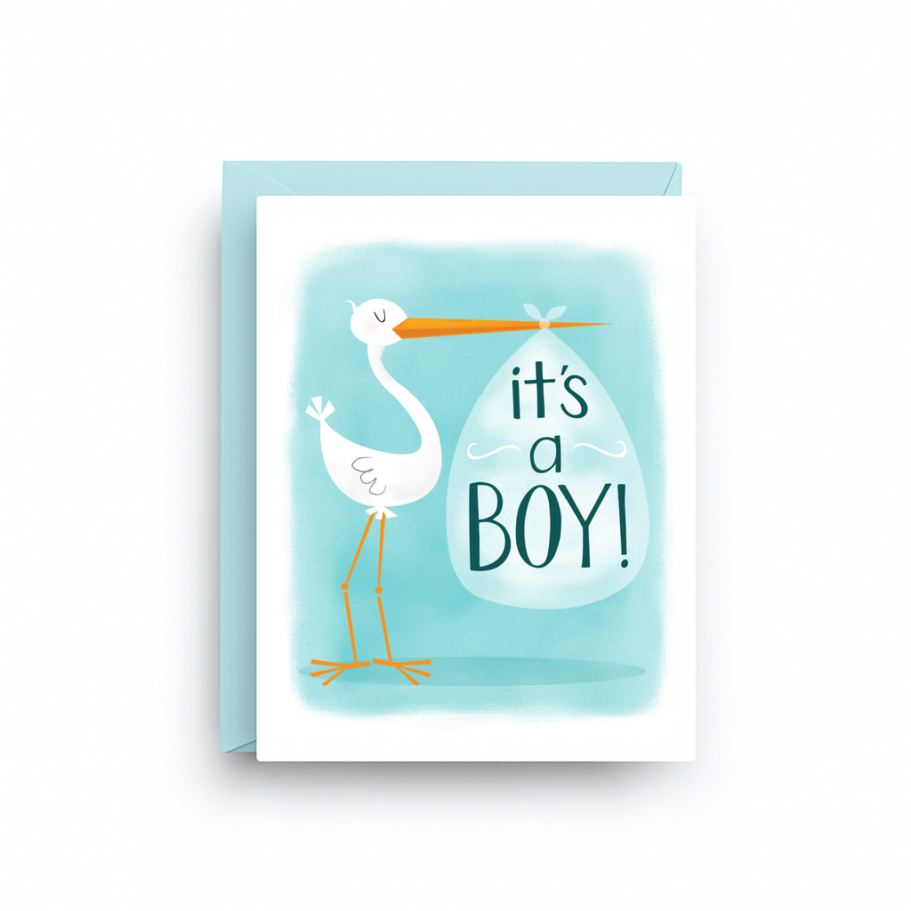 Greeting card with stork and 'it's a boy!' text on a light blue background