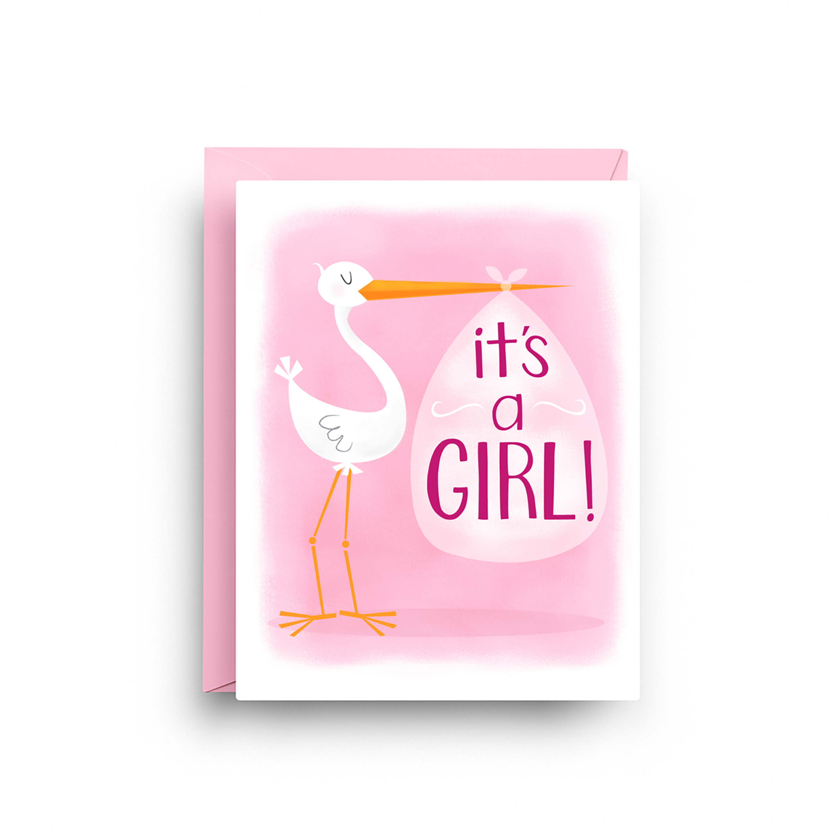 Greeting card with stork and 'it's a girl!' text on a pink background