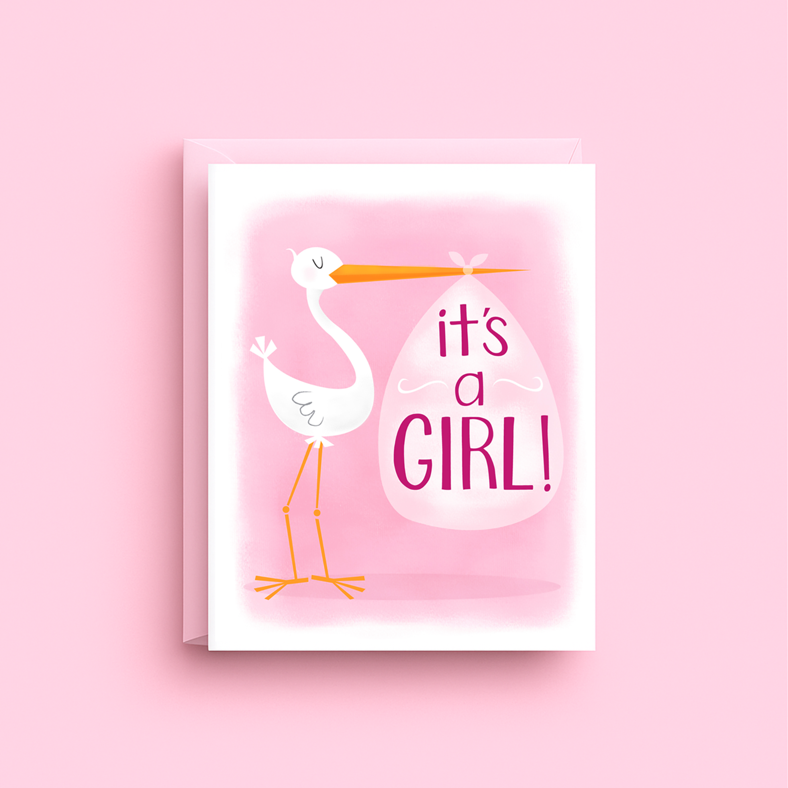 Card with stork holding a baby shower balloon saying 'it's a girl!' on a pink background