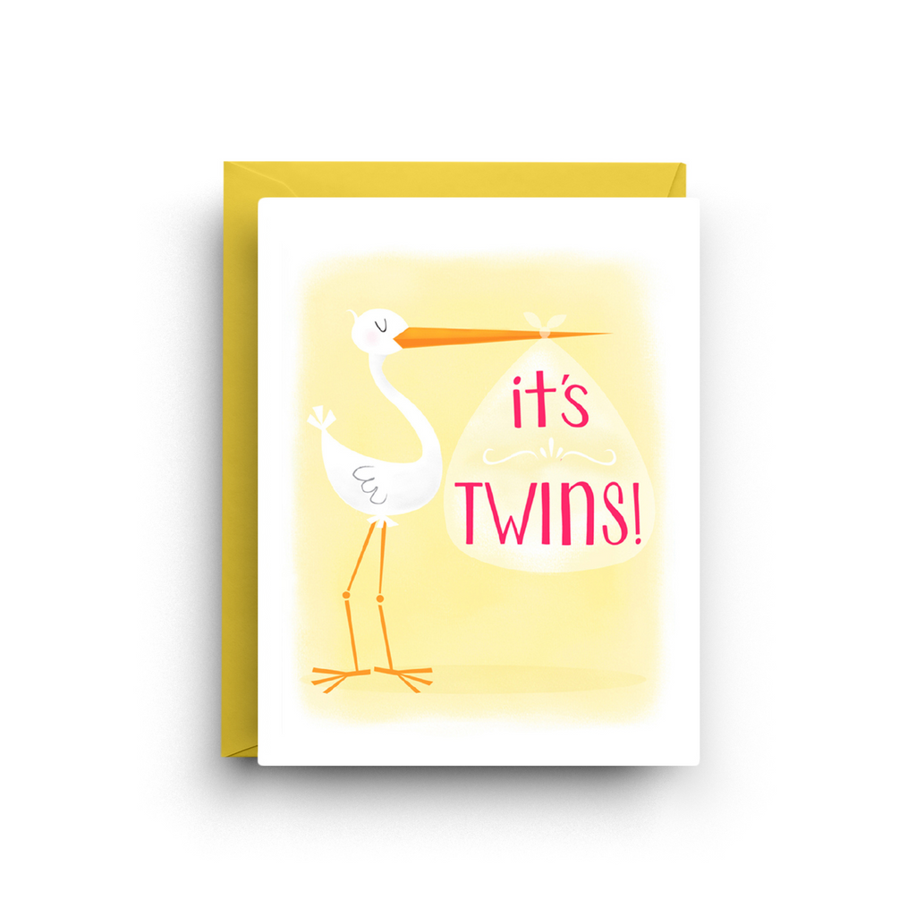 Greeting card with stork illustration and 'it's Twins!' text on a yellow background