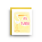 Greeting card with stork illustration and 'it's Twins!' text on a yellow background