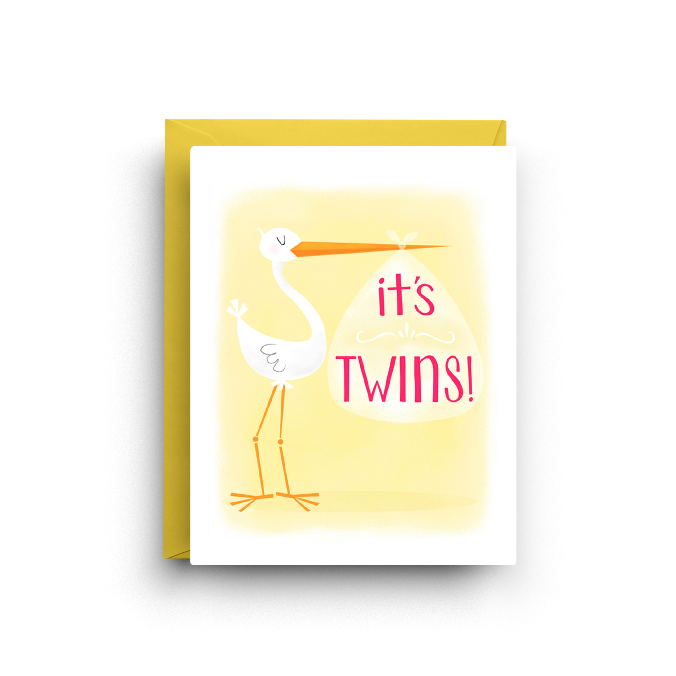 Greeting card with stork illustration and 'it's Twins!' text on a yellow background