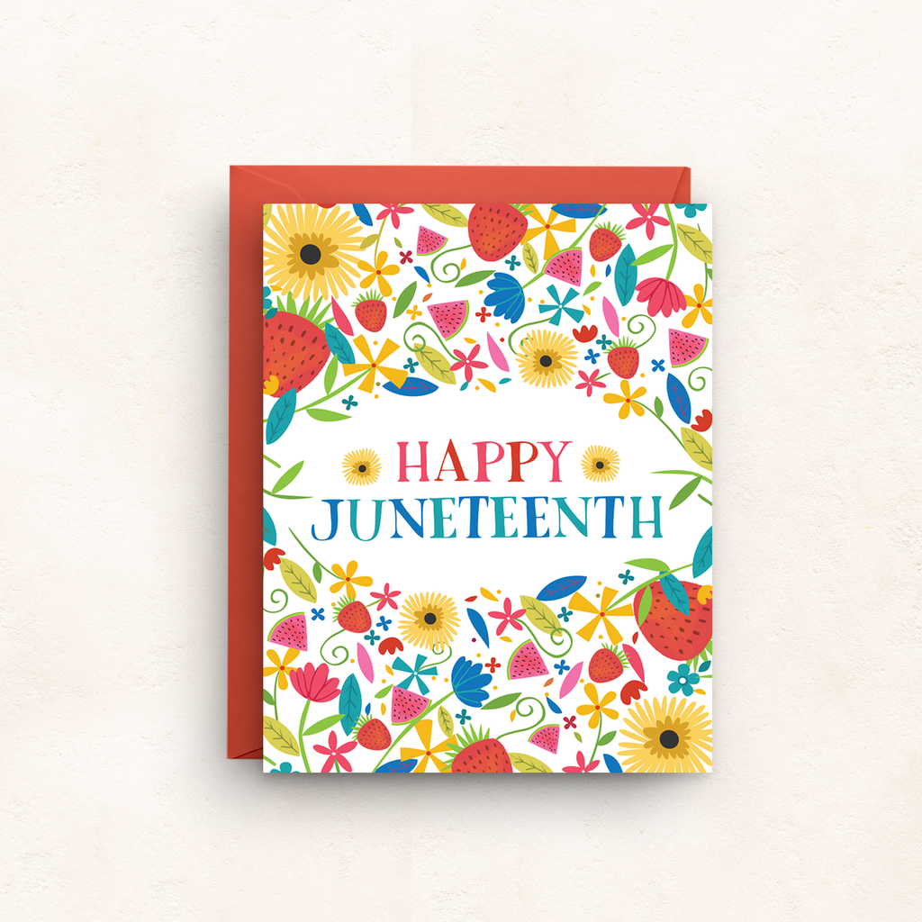 Greeting card with colorful floral design and 'Happy Juneteenth' text on a white background