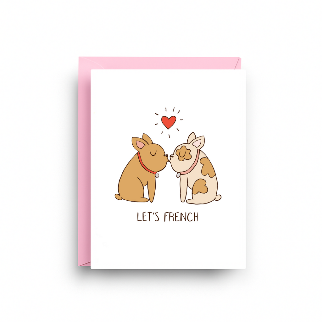 Greeting card with two dogs kissing and a heart above them, with text 'Let's French' on a white background.
