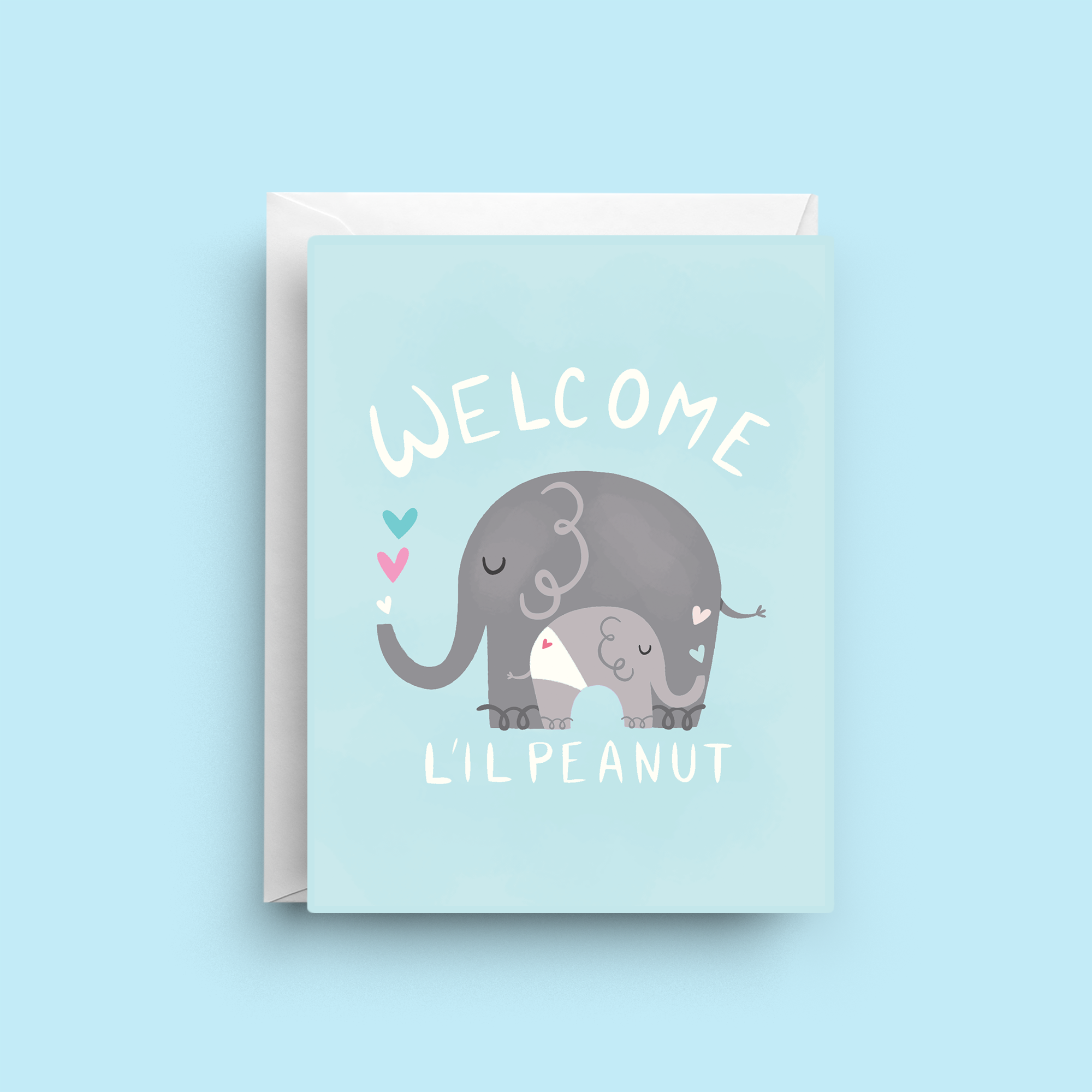 Greeting card with elephants and 'Welcome L'il Peanut' text on a light blue background