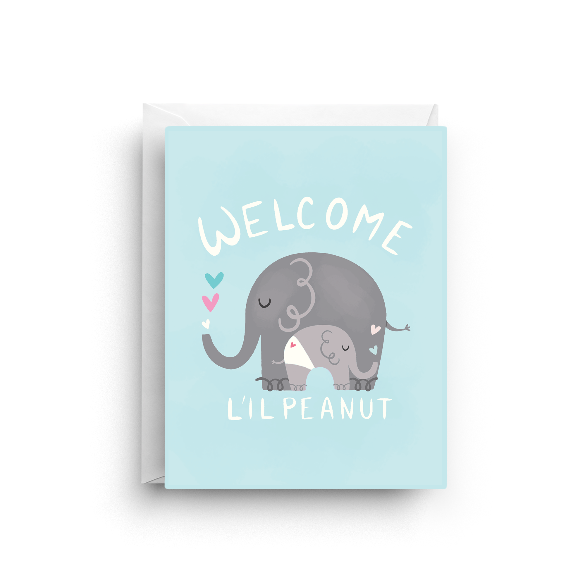 Greeting card with elephants and 'Welcome L'il Peanut' text on a light blue background