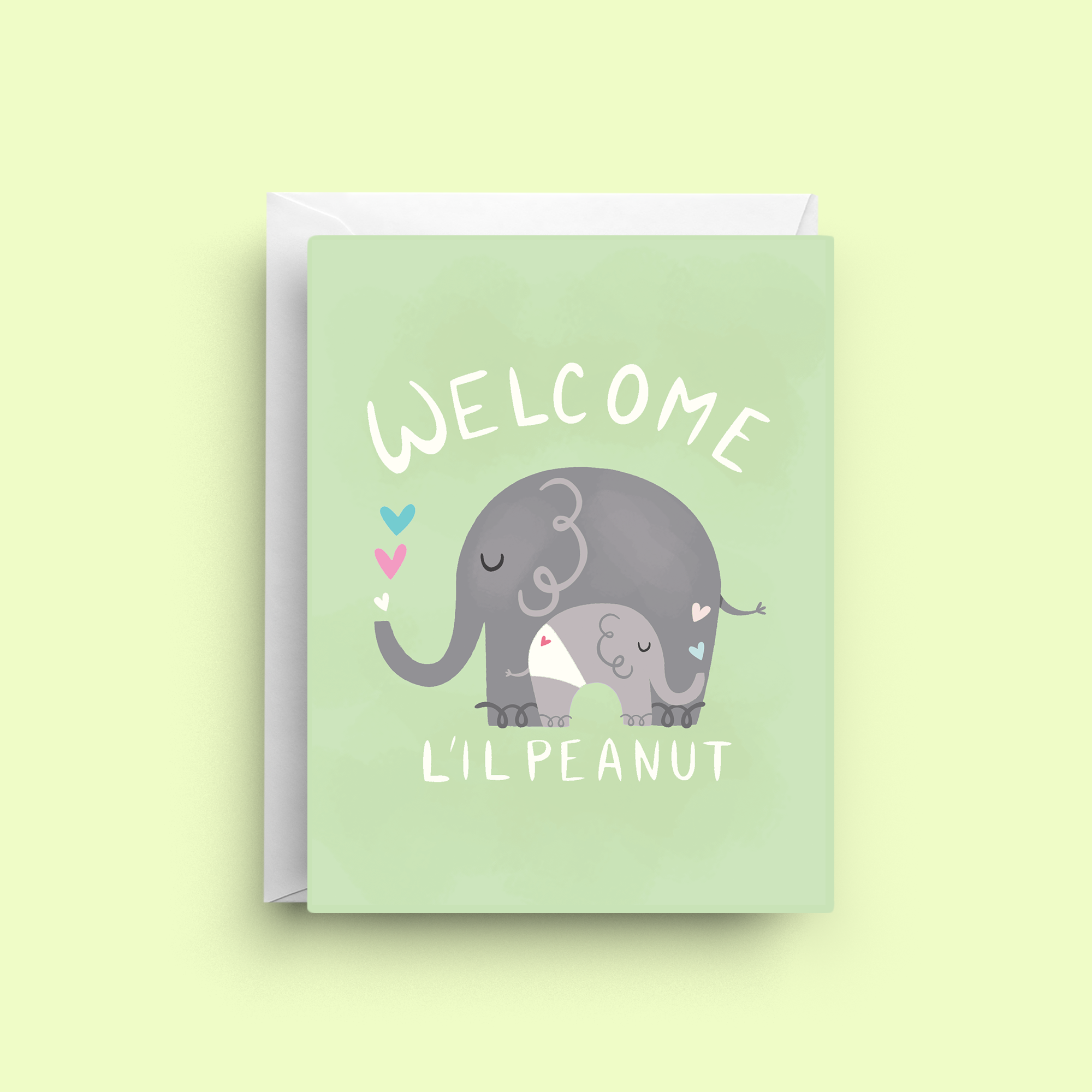 Greeting card with elephants and 'Welcome L'il Peanut' text on a light green background