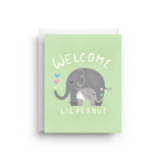 Greeting card with elephants and 'Welcome L'il Peanut' text on a light green background