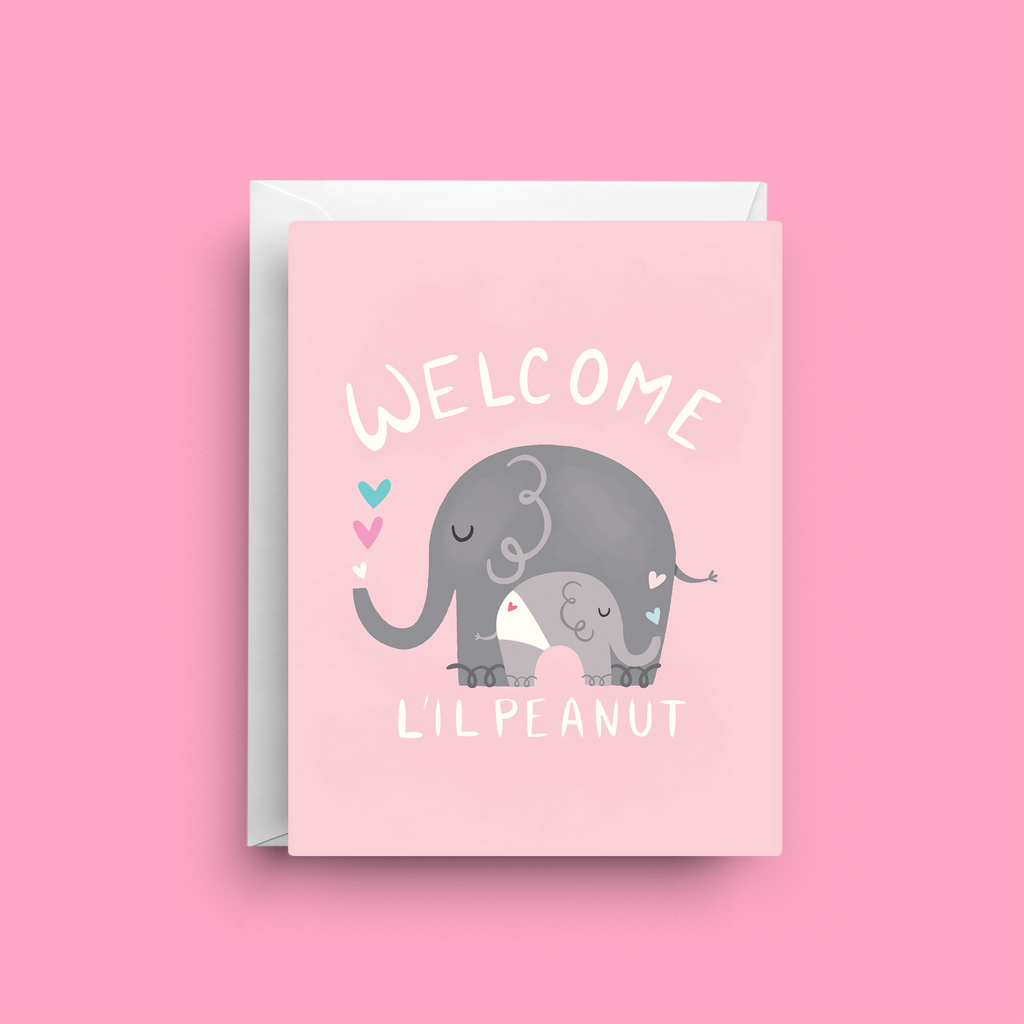 Greeting card with elephants and 'Welcome L'il Peanut' text on a pink background