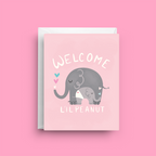 Greeting card with elephants and 'Welcome L'il Peanut' text on a pink background