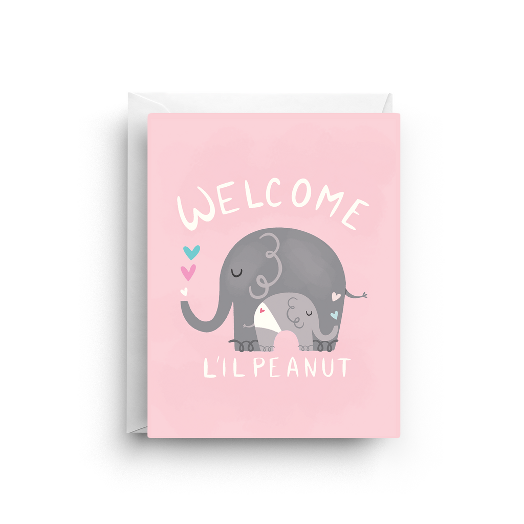 Greeting card with elephants and 'Welcome L'il Peanut' text on a pink background