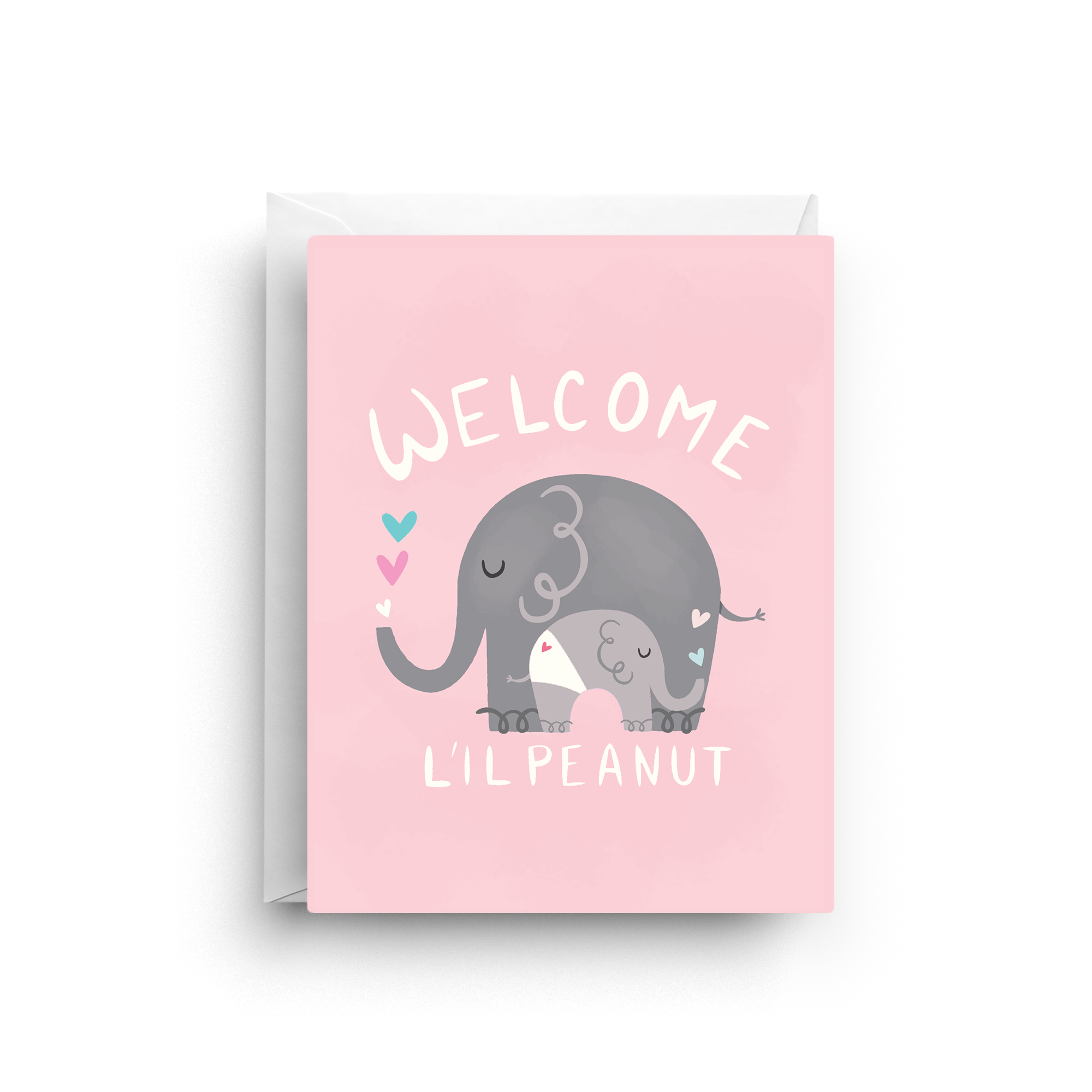 Greeting card with elephants and 'Welcome L'il Peanut' text on a pink background