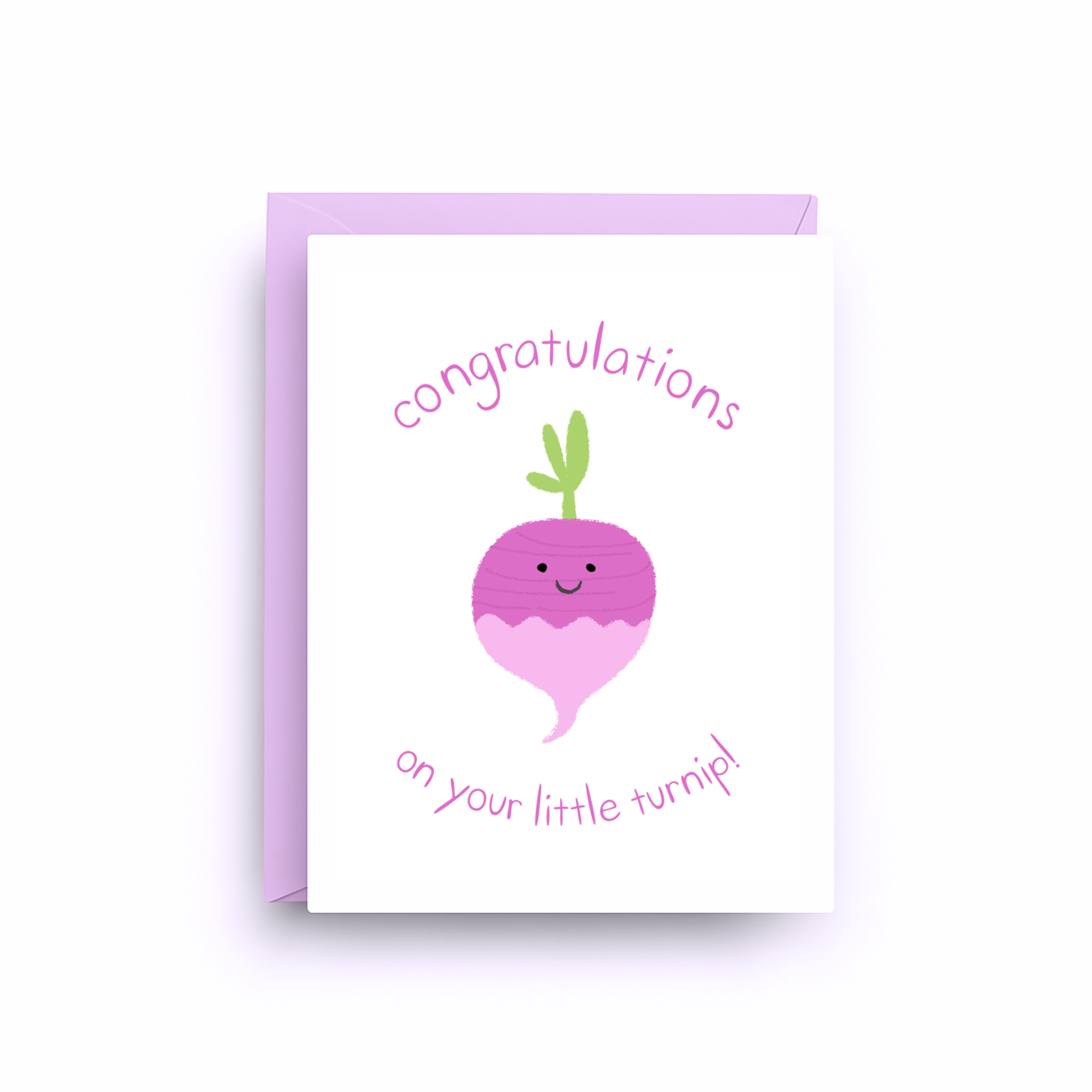 Greeting card with a turnip illustration and 'Congratulations on your little turnip!' text on a white background.