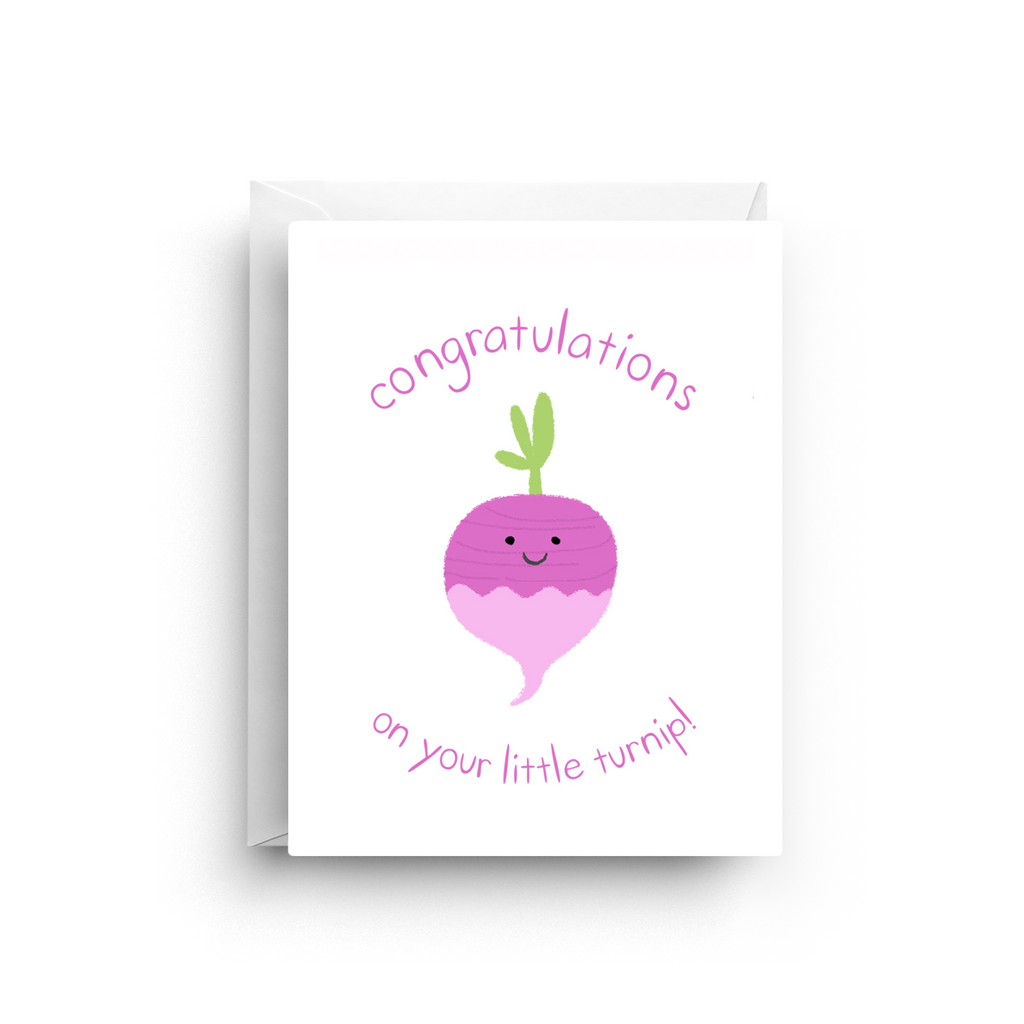 Greeting card with a cartoon turnip and 'Congratulations on your little turnip!' text on a white background
