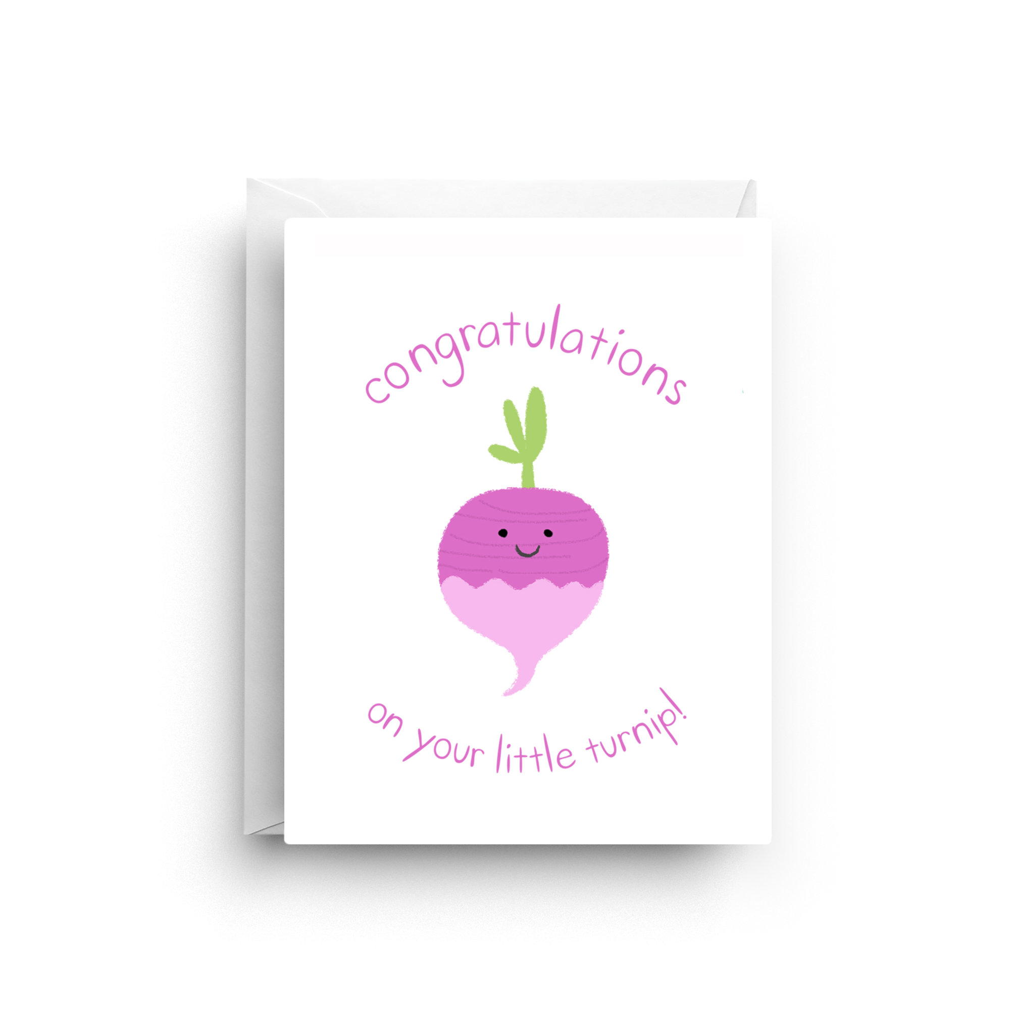 Greeting card with a cartoon turnip and 'Congratulations on your little turnip!' text on a white background