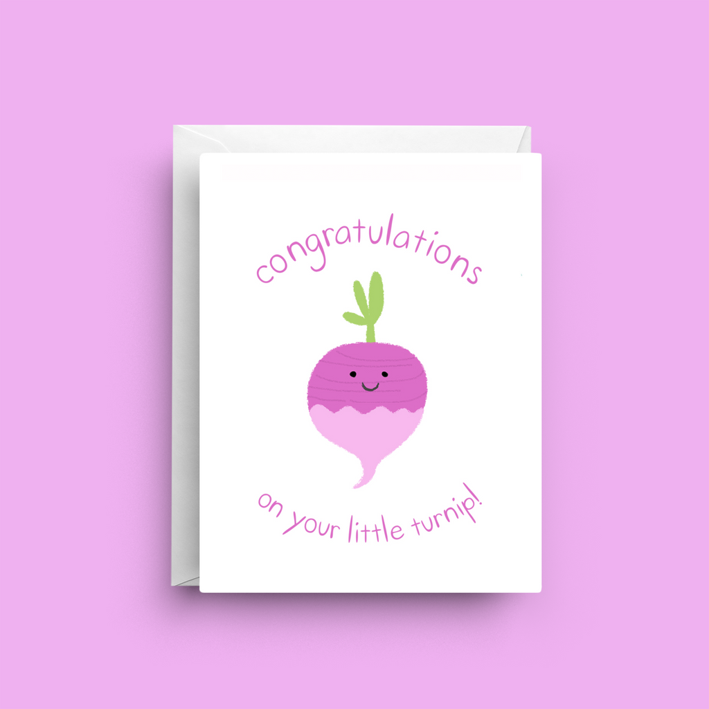 Greeting card with a cartoon turnip character and 'Congratulations on your little turnip!' text on a pink background
