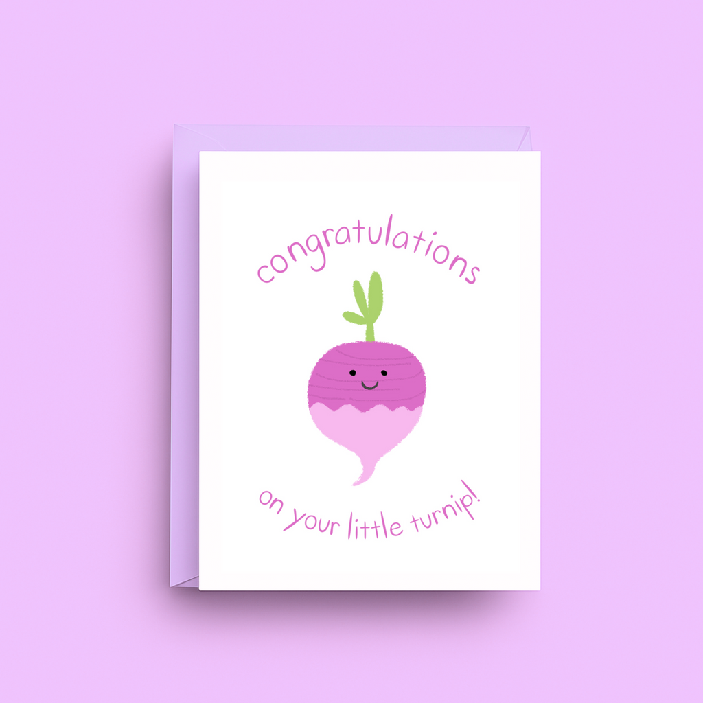 Greeting card with a cute illustration of a turnip and text on a purple background