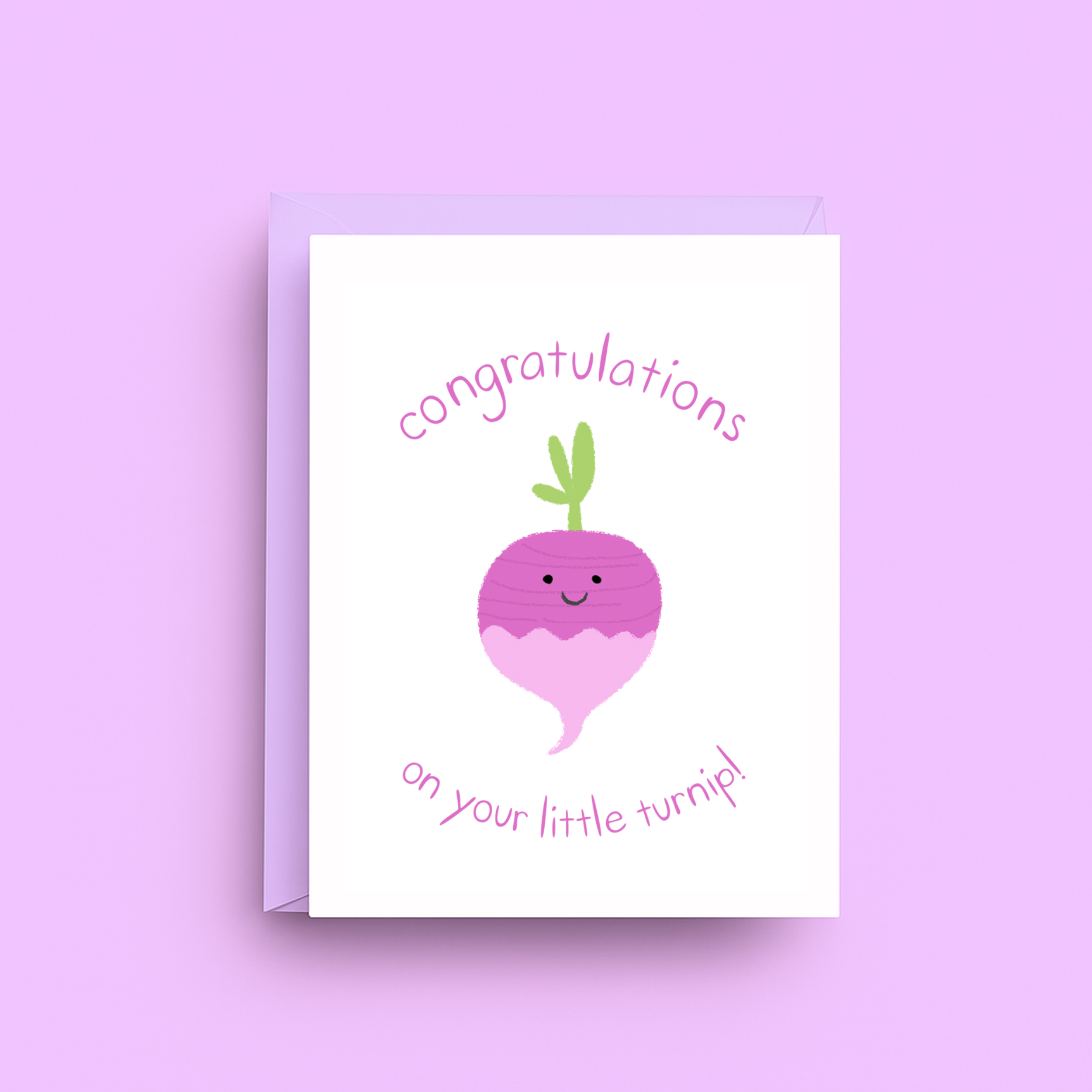 Greeting card with a cute illustration of a turnip and text on a purple background