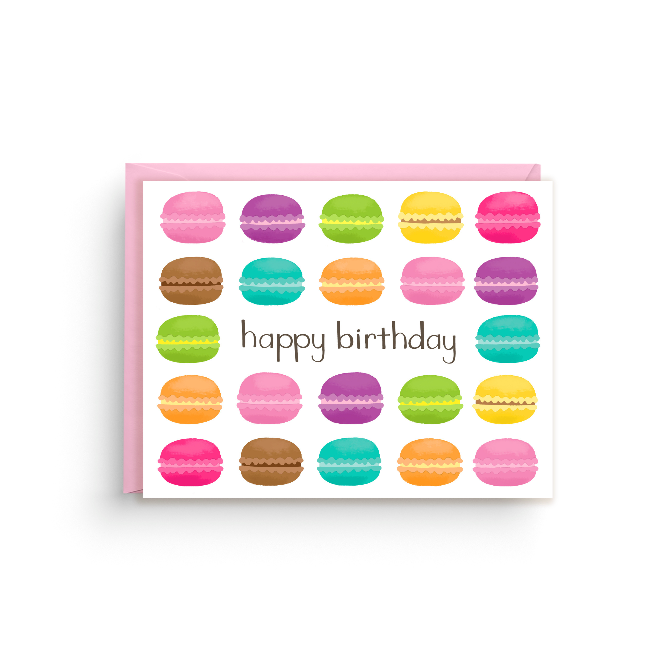 Greeting card with colorful macaron illustrations and 'happy birthday' text on a white background