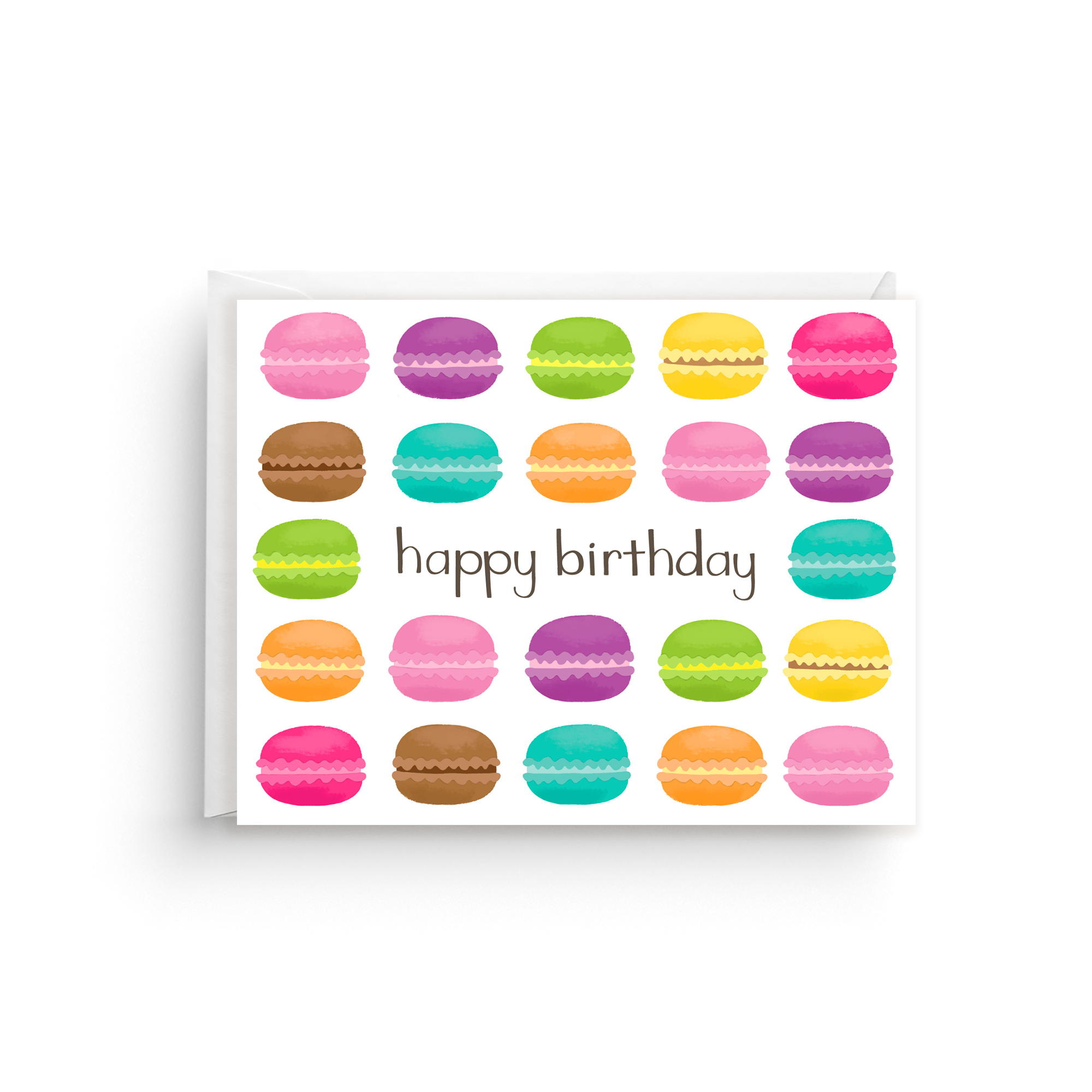 Greeting card with colorful macaron illustrations and 'happy birthday' text on a white background