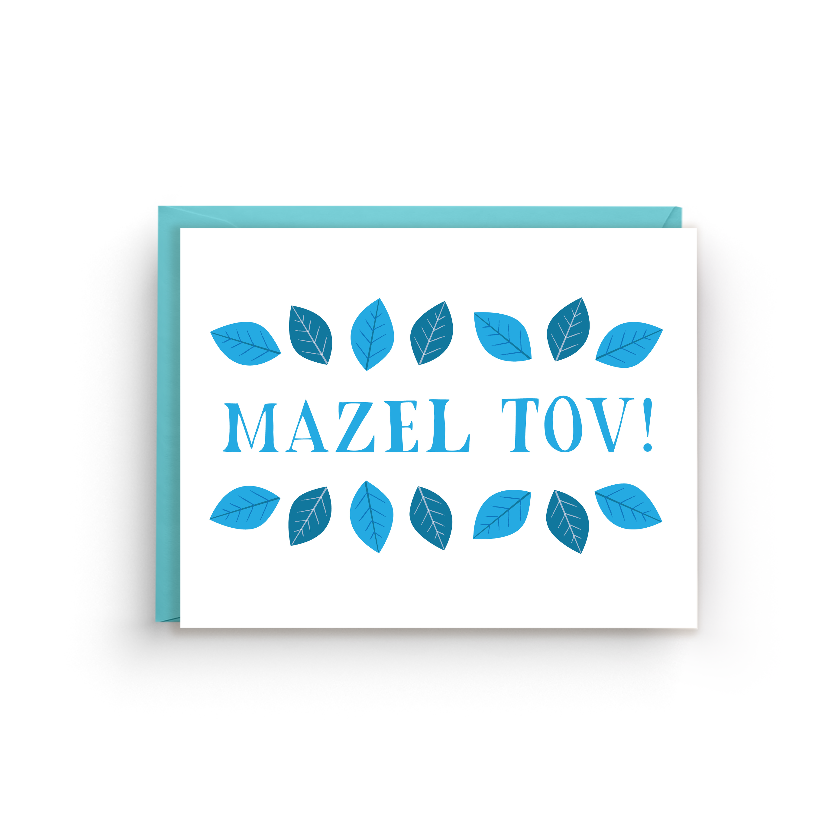 Greeting card with 'Mazel Tov!' text and blue leaf designs on a white background