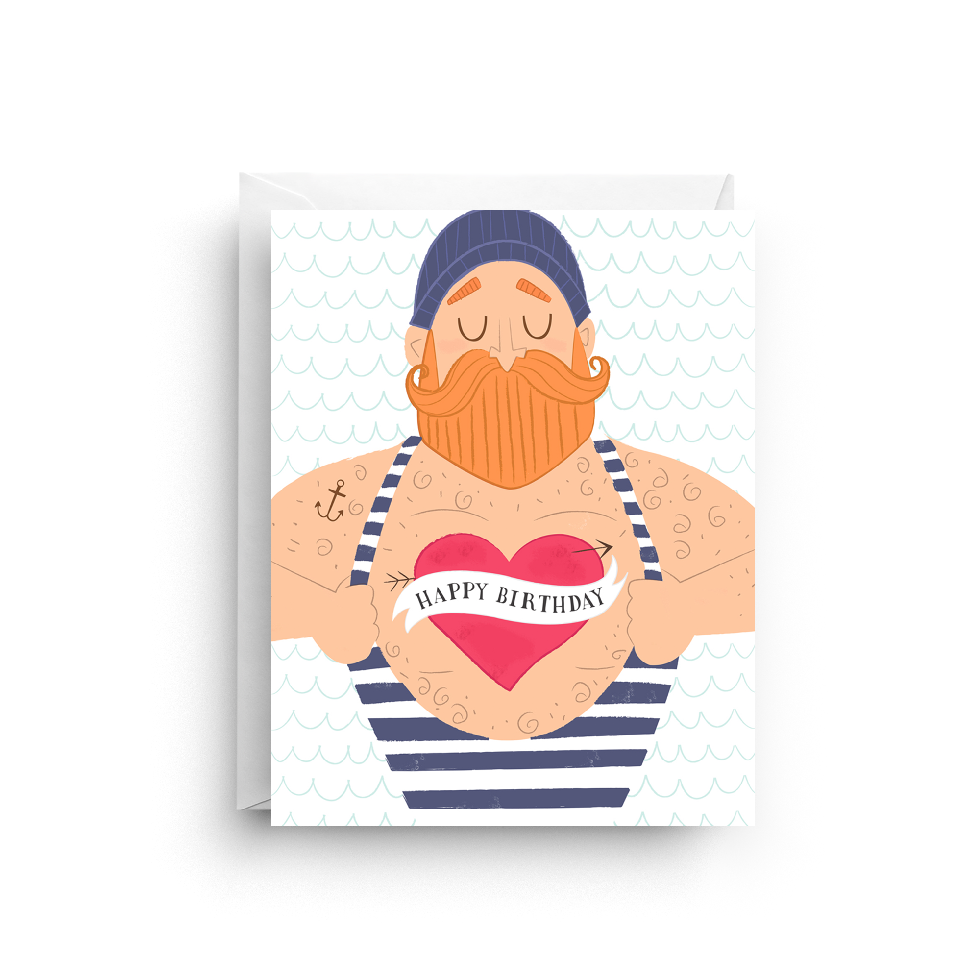 Birthday card with a cartoon man with a beard and tattoos, wearing a cap and striped shirt, on a white background.