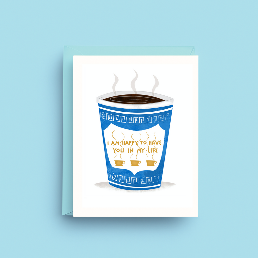 Greeting card with a blue coffee cup design and text on a light blue background