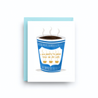 Greeting card with a blue coffee cup design and text on a white background