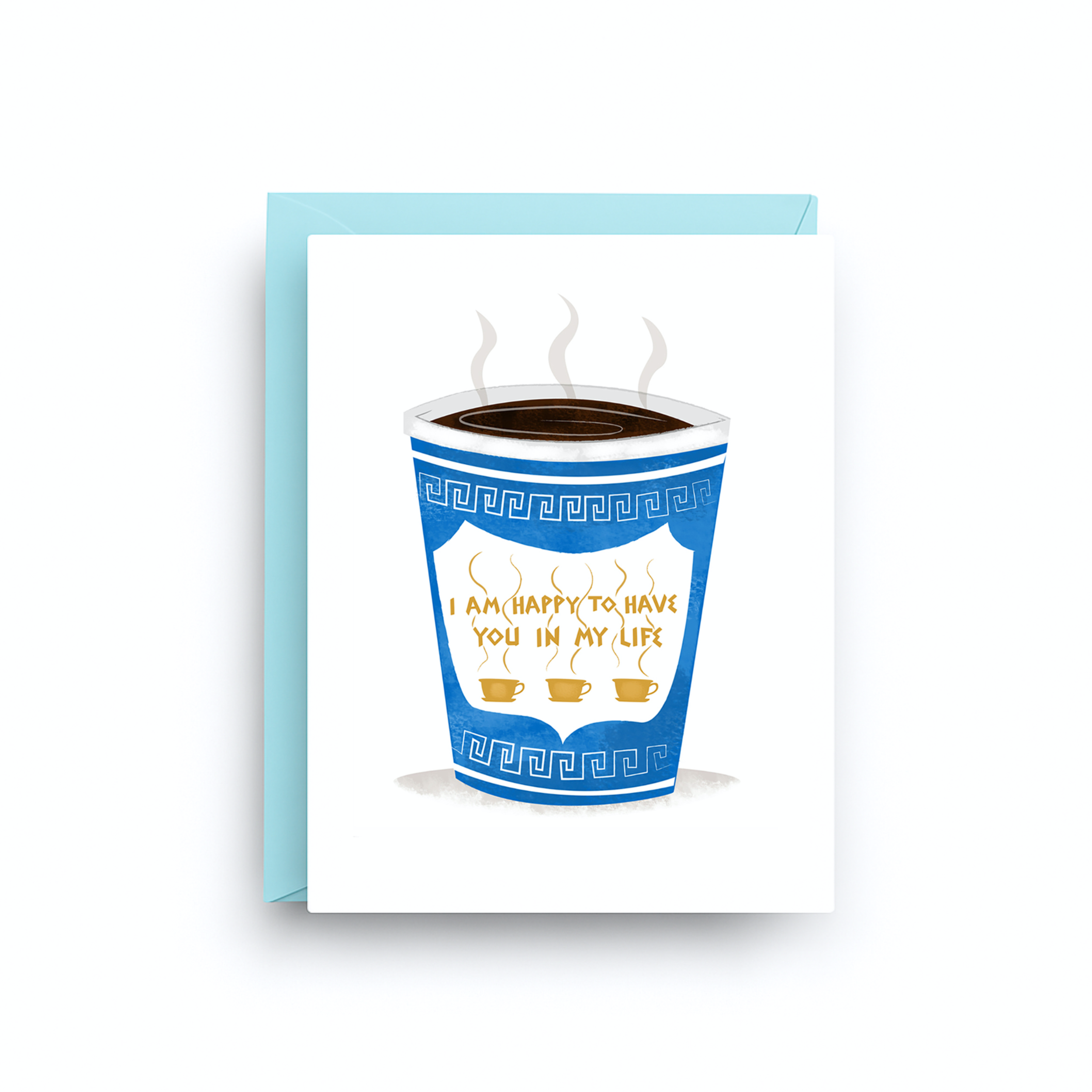 Greeting card with a blue coffee cup design and text on a white background