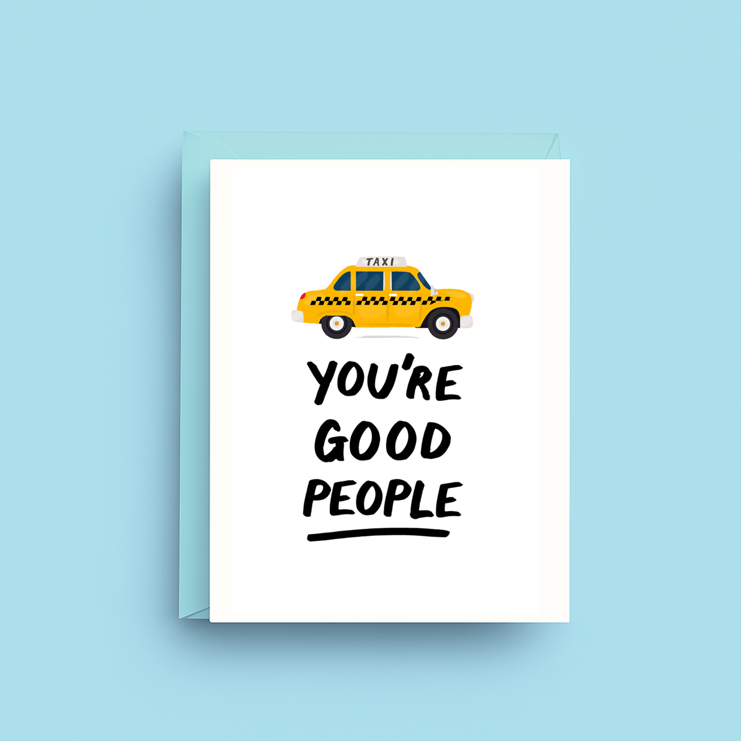 Greeting card with a yellow taxi illustration and text on a light blue background