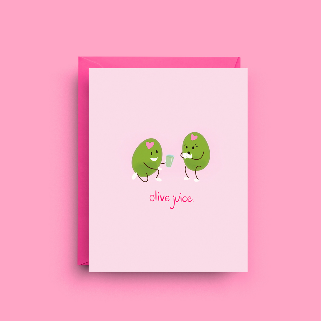 Illustrated two olives with hearts sharing a drink greeting card with Olive Juice message
