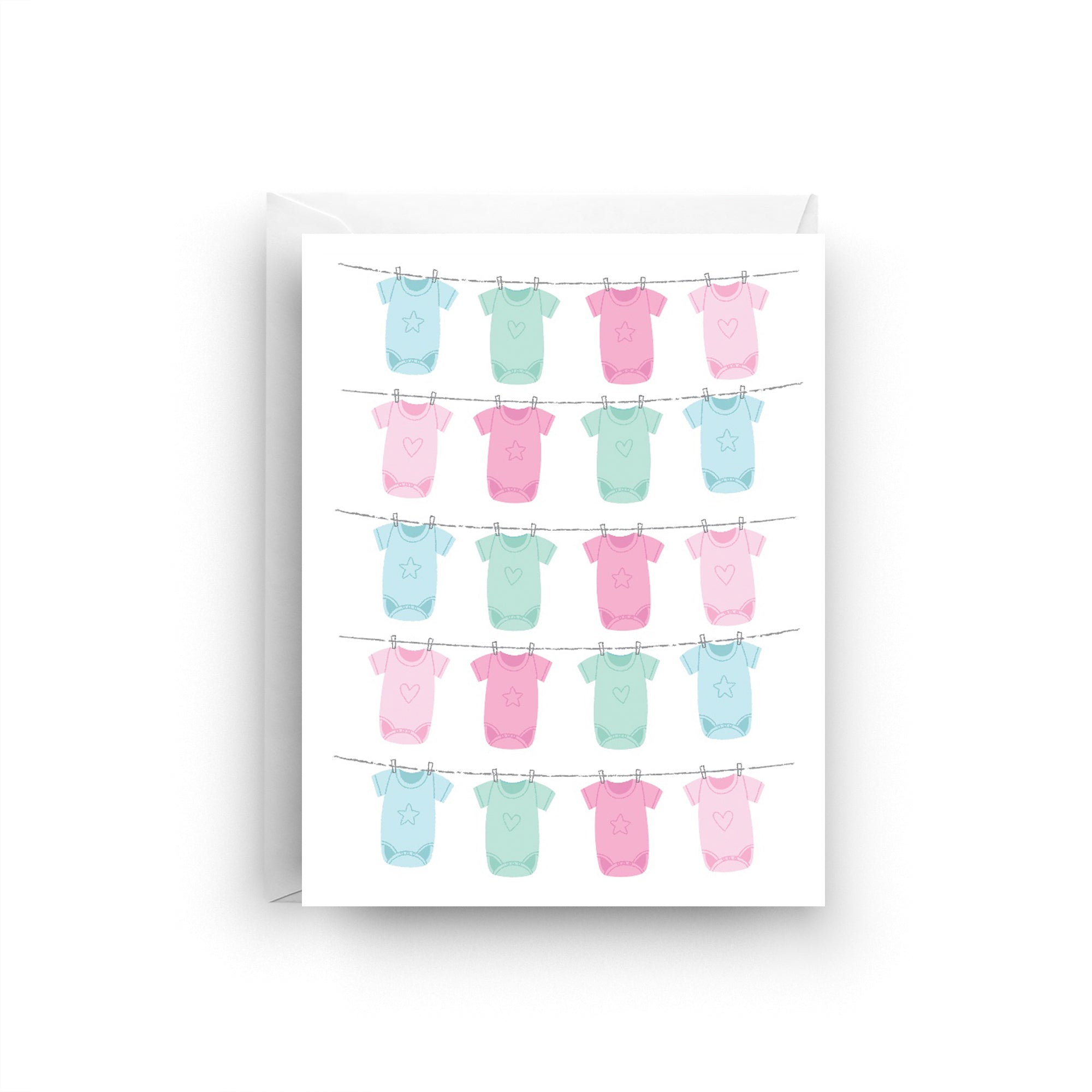 Card with colorful baby onesies on a clothesline against a white background