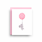 Greeting card with a pink envelope featuring a cartoon elephant holding a polka dot balloon on a white background.