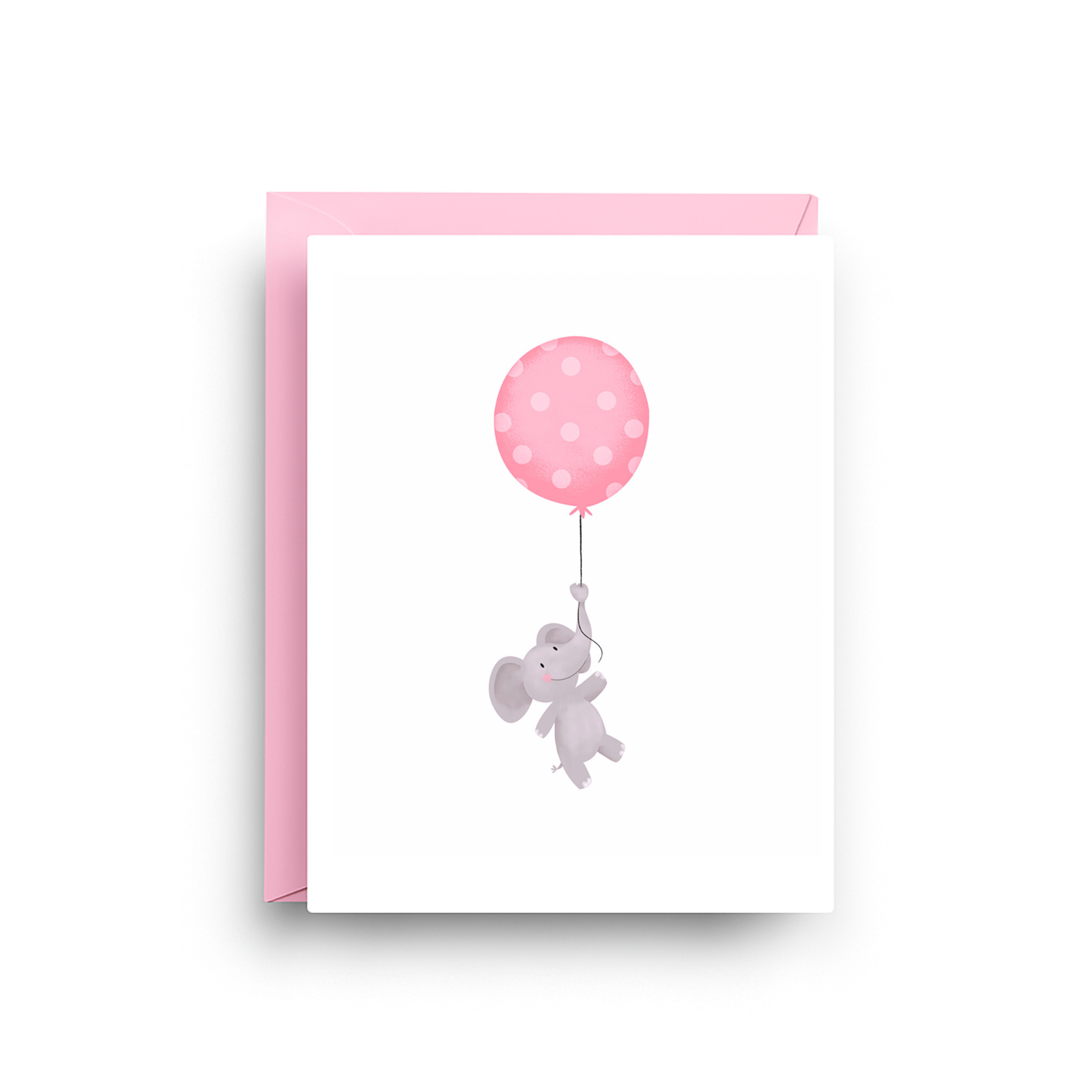 Greeting card with a pink envelope featuring a cartoon elephant holding a polka dot balloon on a white background.