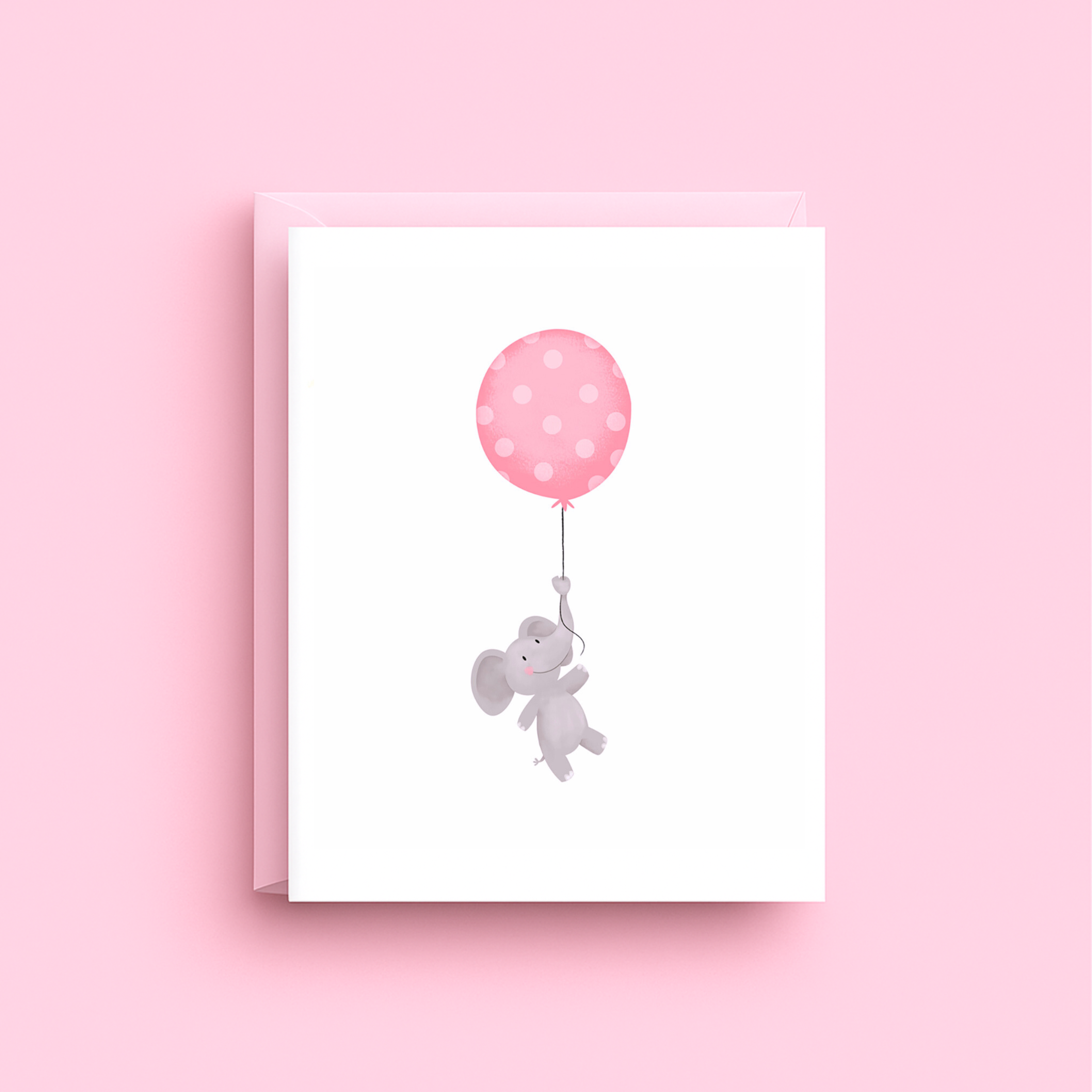 Card with a bear and pink balloon on a pink background