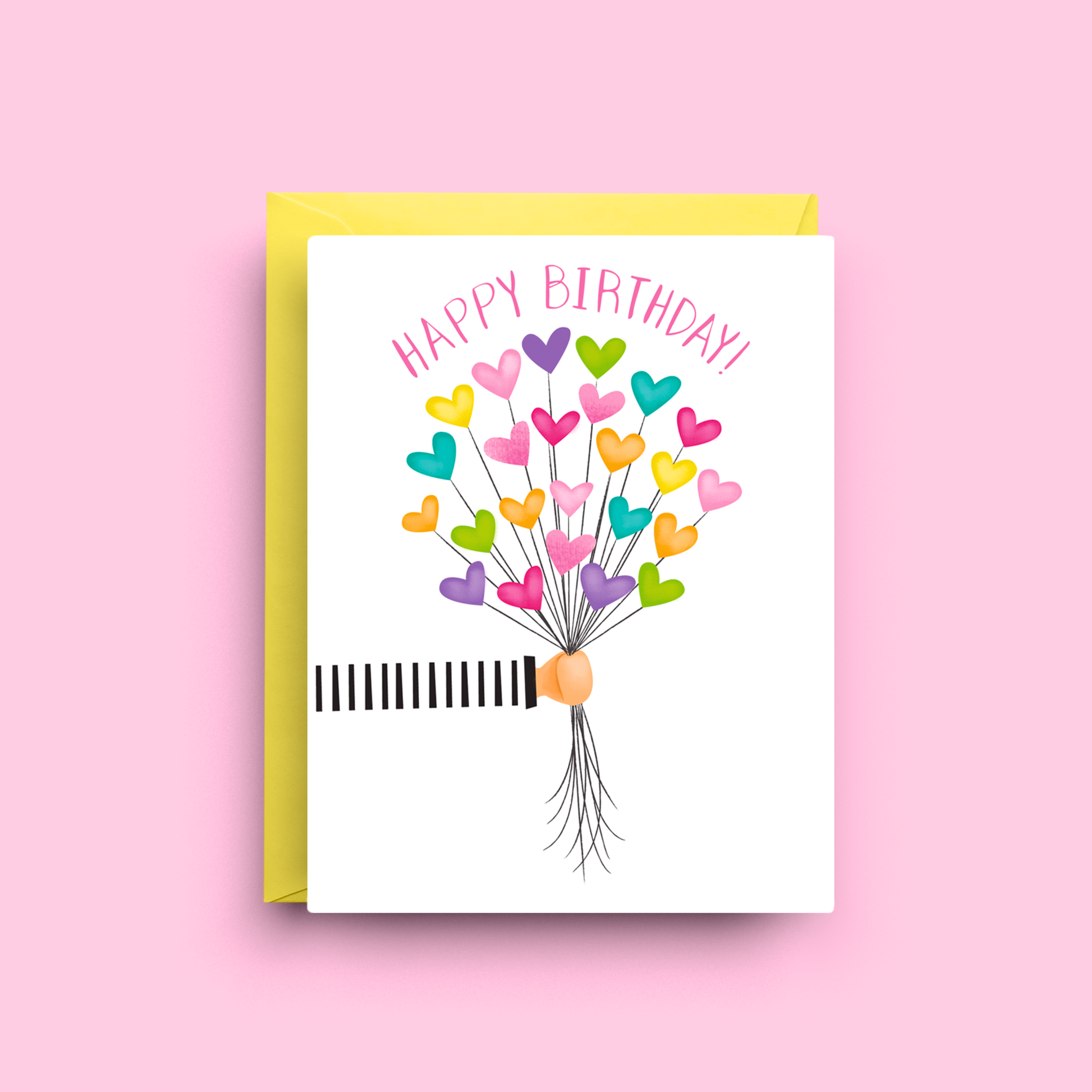 Greeting card with colorful heart balloons and 'Happy Birthday!' text on a pink background