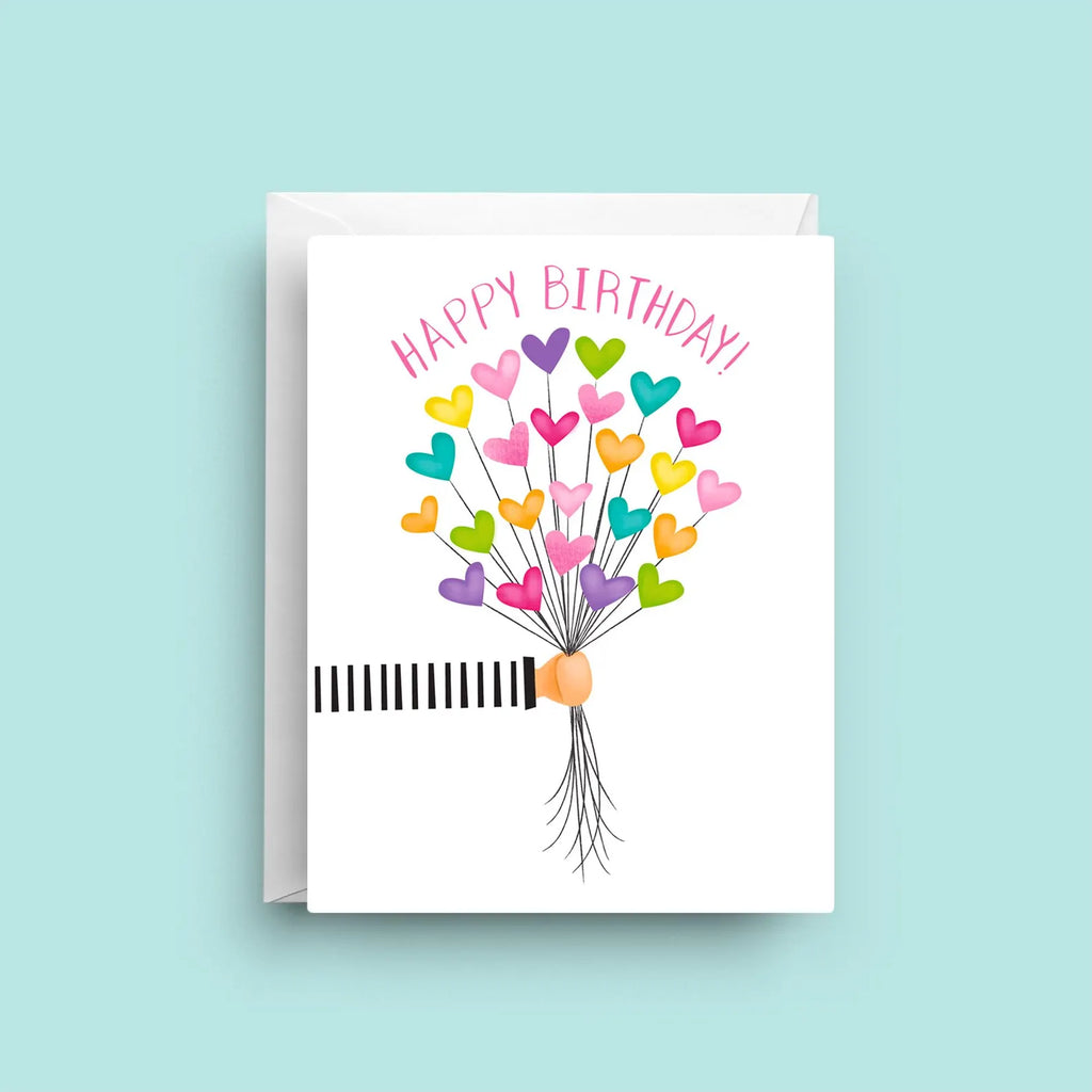 Birthday card with colorful heart balloons and 'Happy Birthday!' text on a light blue background