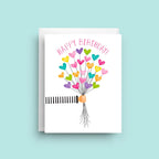 Birthday card with colorful heart balloons and 'Happy Birthday!' text on a light blue background