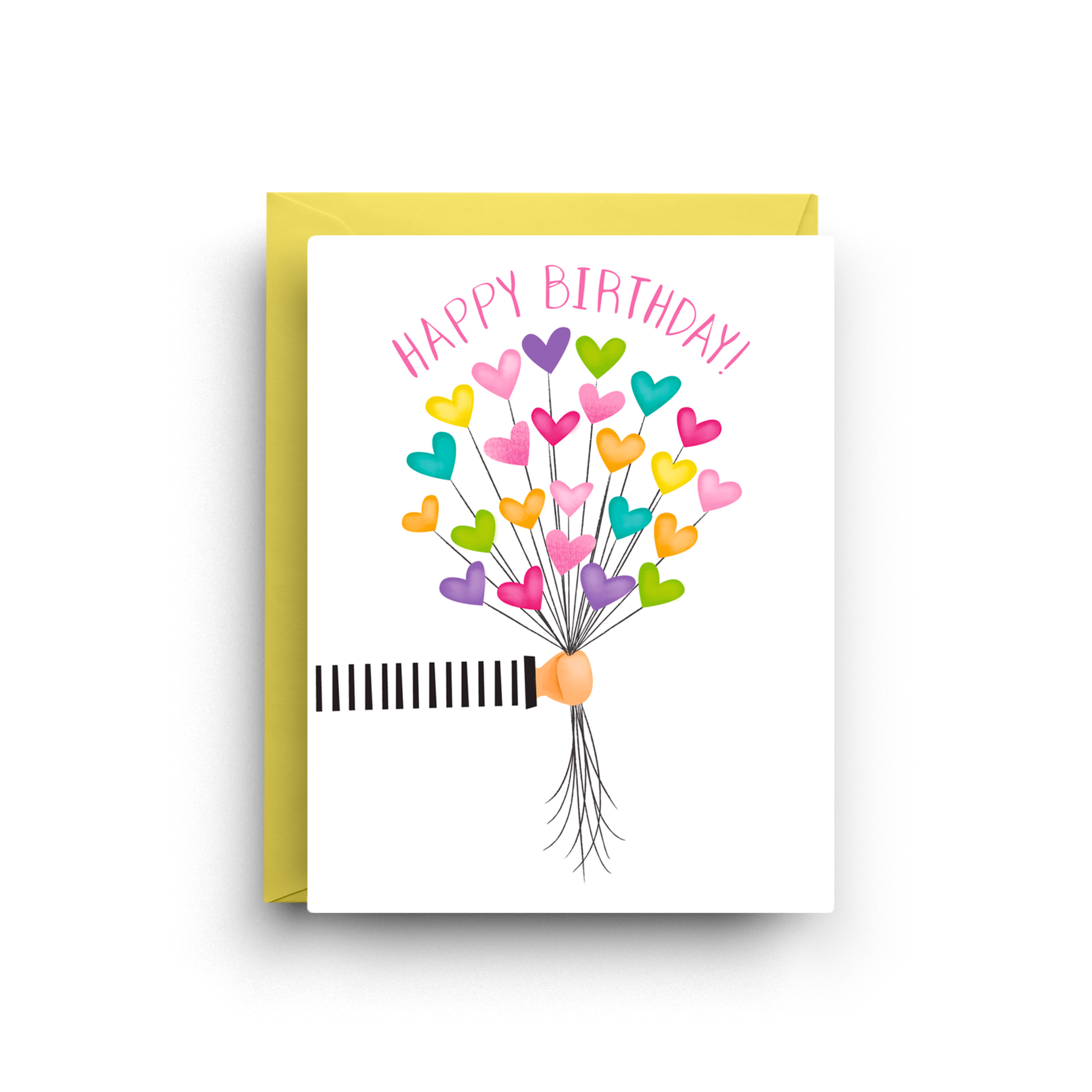 Greeting card with colorful heart balloons and 'Happy Birthday!' text on a white background.
