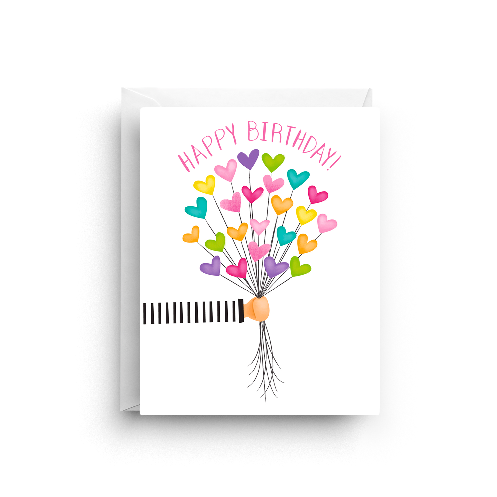 Greeting card with colorful heart balloons and 'Happy Birthday!' text on a white background