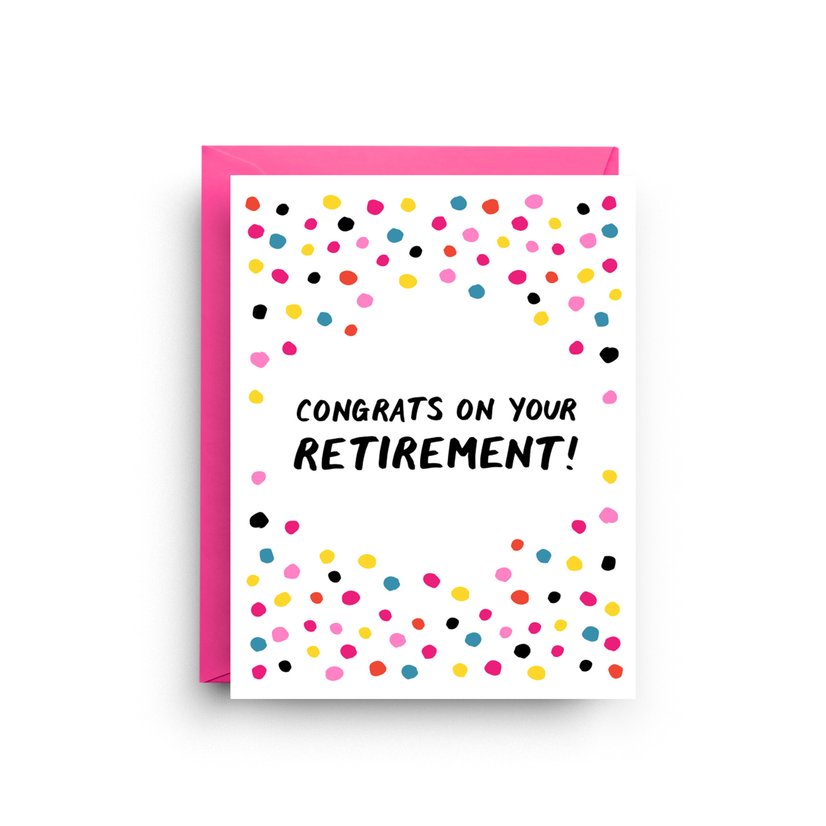 Greeting card with colorful polka dots and 'Congrats on your retirement!' text.