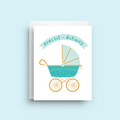 Greeting card with a baby carriage illustration and 'special delivery' text on a light blue background
