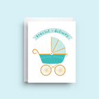 Greeting card with a baby carriage illustration and 'special delivery' text on a light blue background