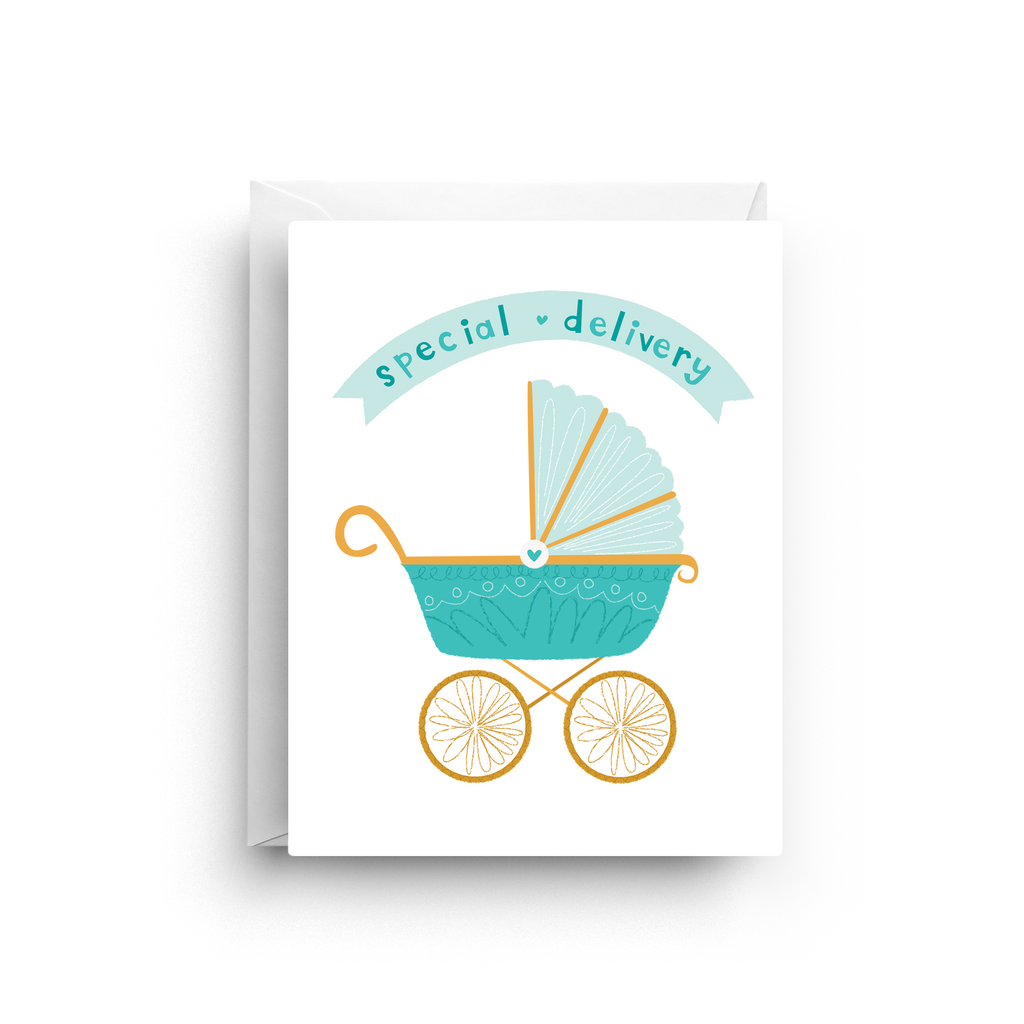 Greeting card with a blue baby carriage and 'special delivery' text on a white background