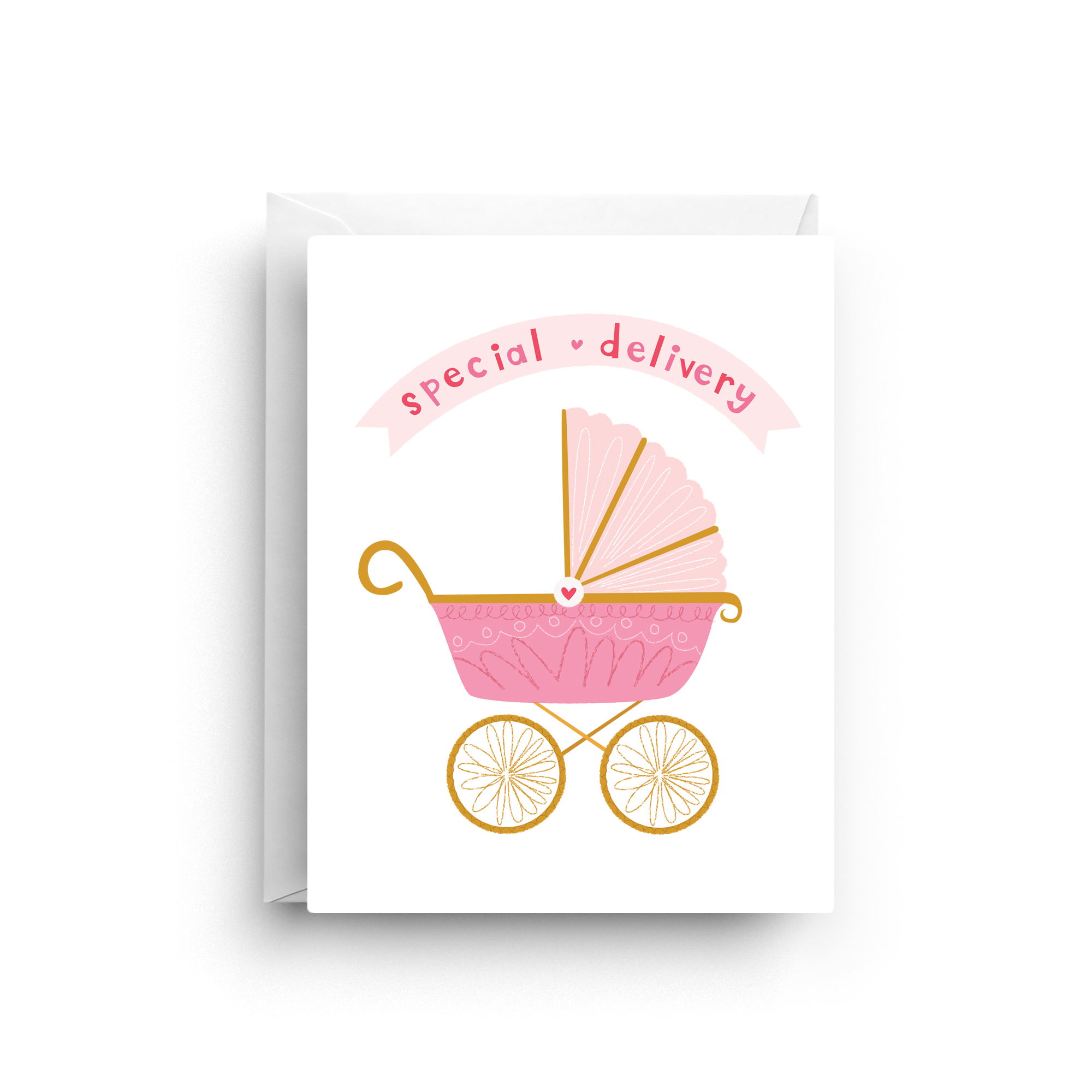 Greeting card with pink baby carriage and 'special delivery' text on a white background