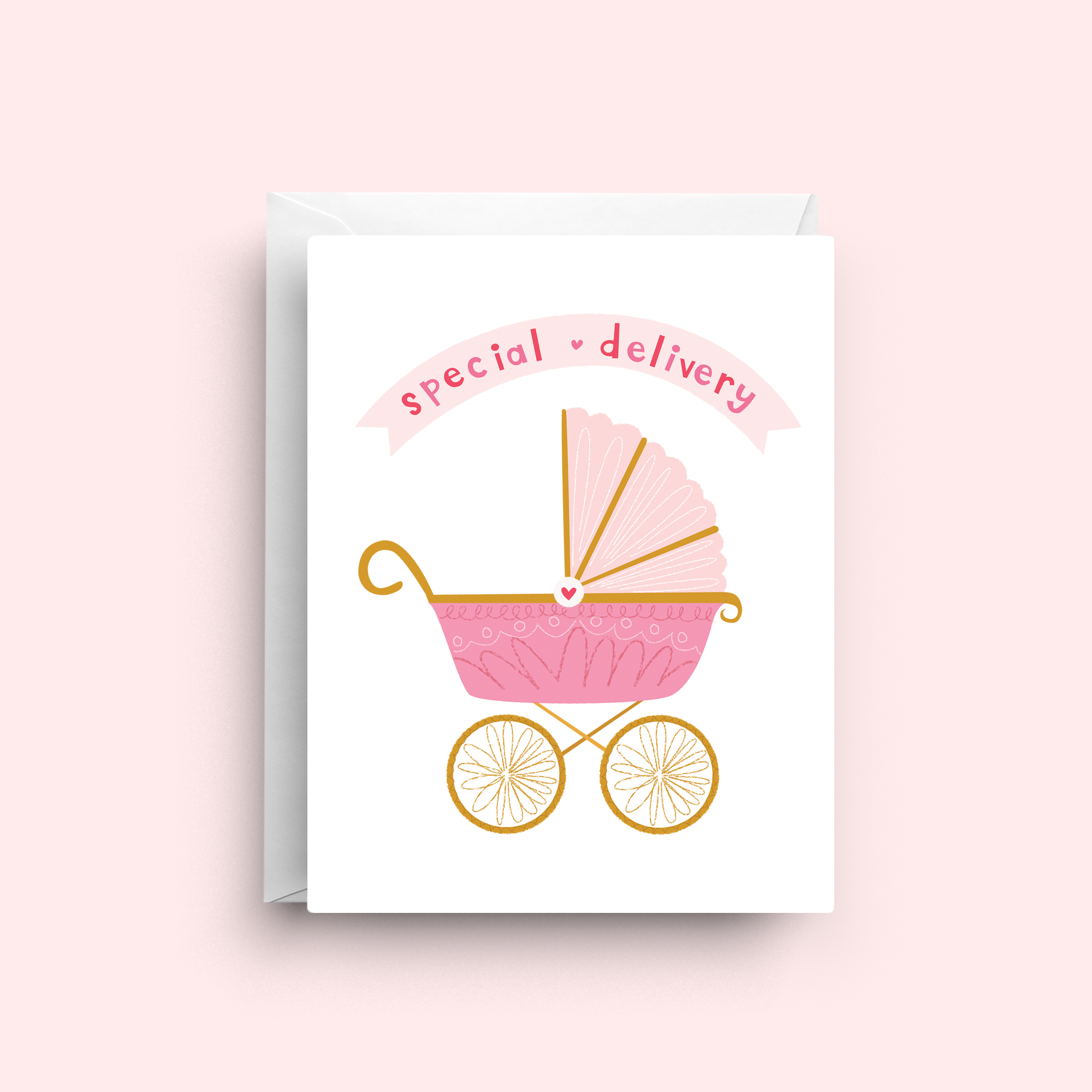Greeting card with pink baby carriage and 'special delivery' text on a light pink background