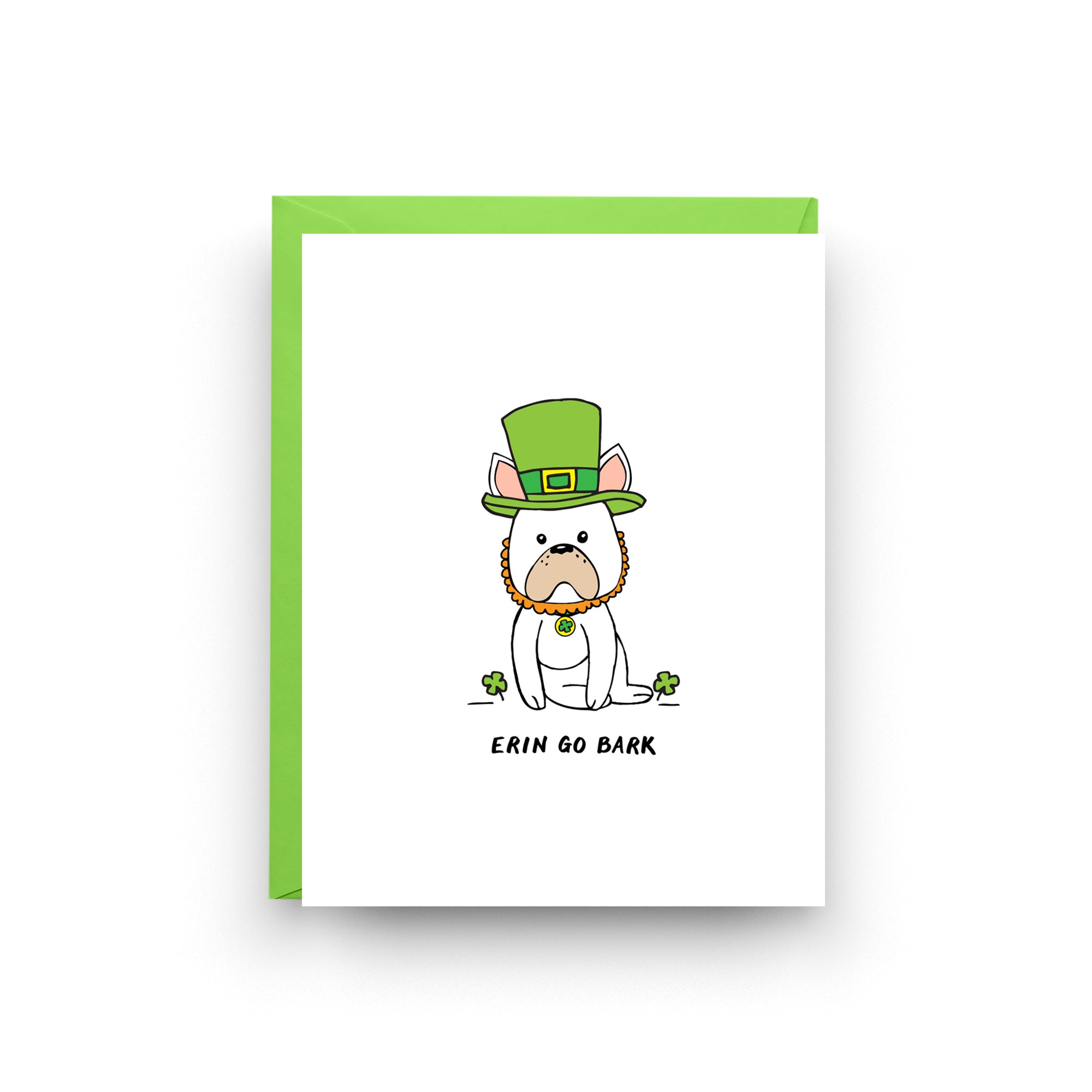 Card with a dog wearing a leprechaun hat and 'Erin Go Bark' text on a white background.