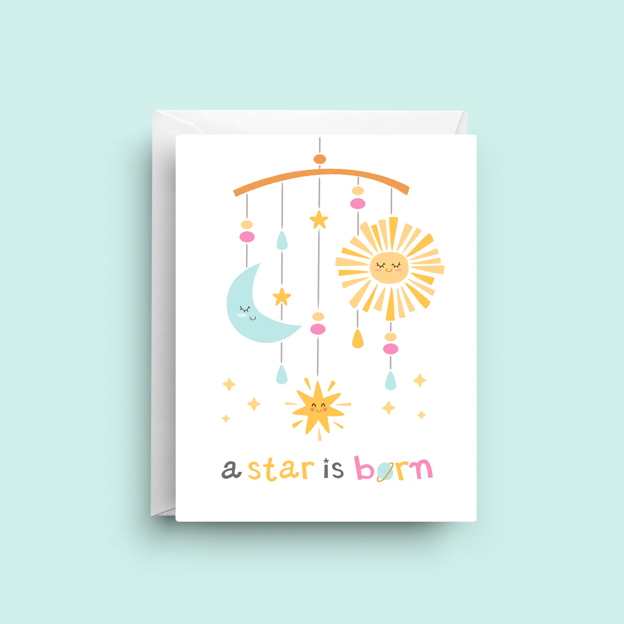 Greeting card with sun, moon, and star illustrations on a light blue background