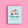 Greeting card with an ice cream truck illustration and 'Stay Cool' text on a pink background